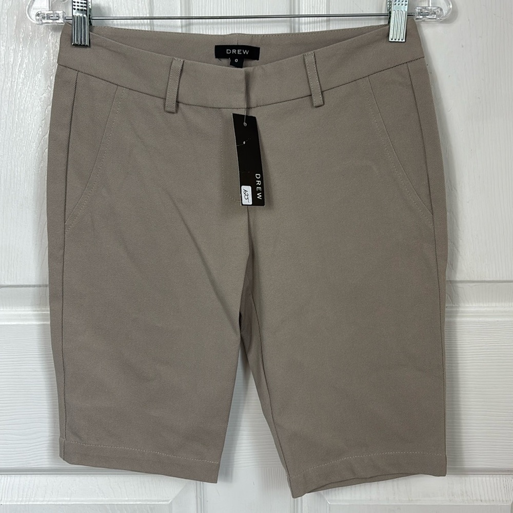 NEW NWT DREW long cotton stretch shorts in Stone size 0 Bermuda style long short